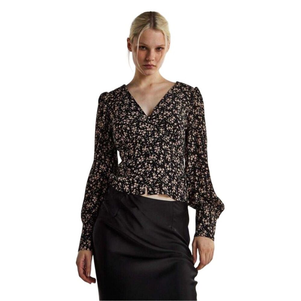 Glamorous Womens/Ladies Ditsy Print Button Front Puff Sleeve Top / Black